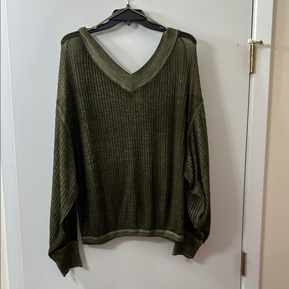 We The Free Olive Green Ribbed 3/4 Sleeve Crop Blouse